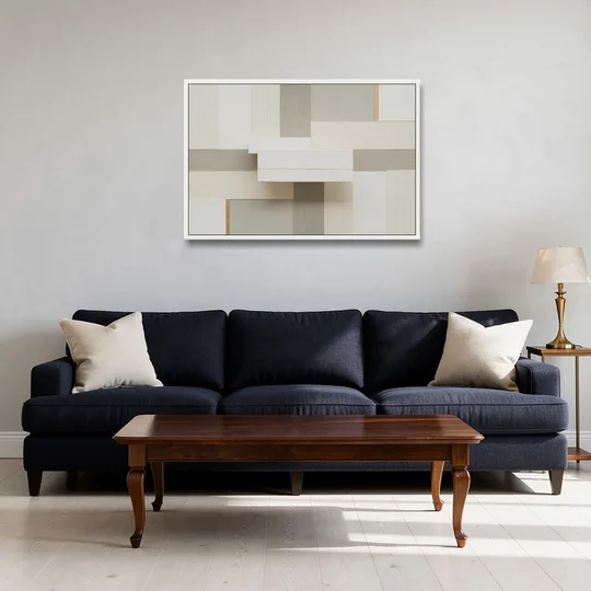 Geometric Harmony in White Abstract - White Framed Canvas Wall Art - Sofa - 36x24