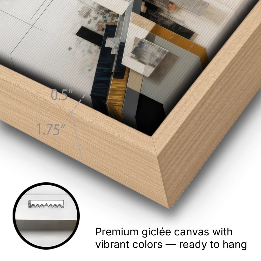 Geometric Urban Elegance White Abstract - Oak Framed Canvas Wall Art - Gallery Wrap Corner