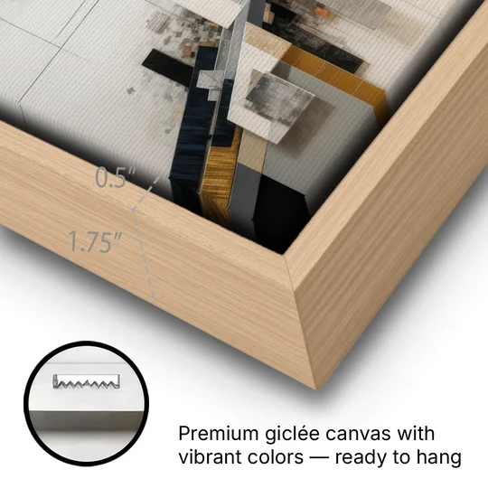 Geometric Urban Elegance White Abstract - Oak Framed Canvas Wall Art - Gallery Wrap Corner