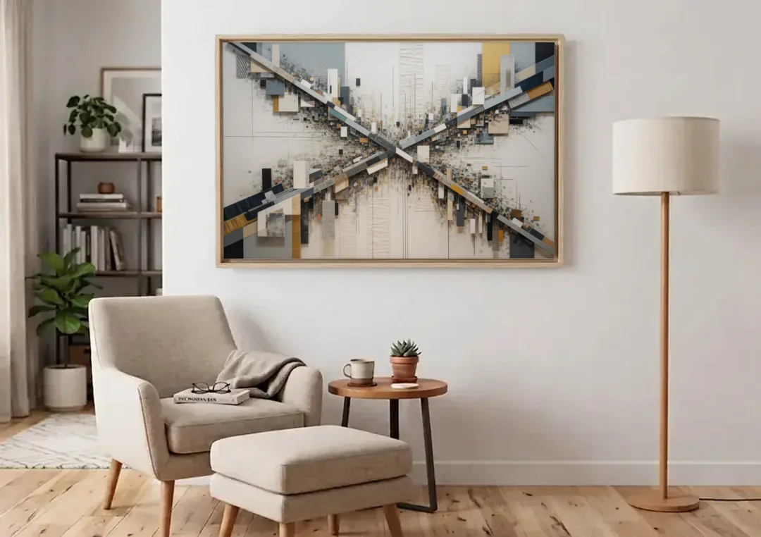 Geometric Urban Elegance White Abstract canvas wall art above an armchair in a bright living room
