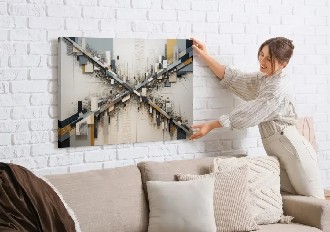 Geometric Urban Elegance White Abstract canvas wall art being hung on a white brick wall above a sofa