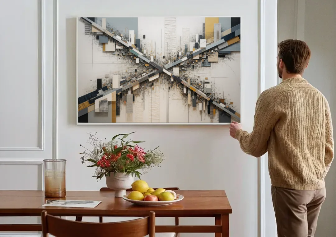 Geometric Urban Elegance White Abstract canvas wall art above a dining table