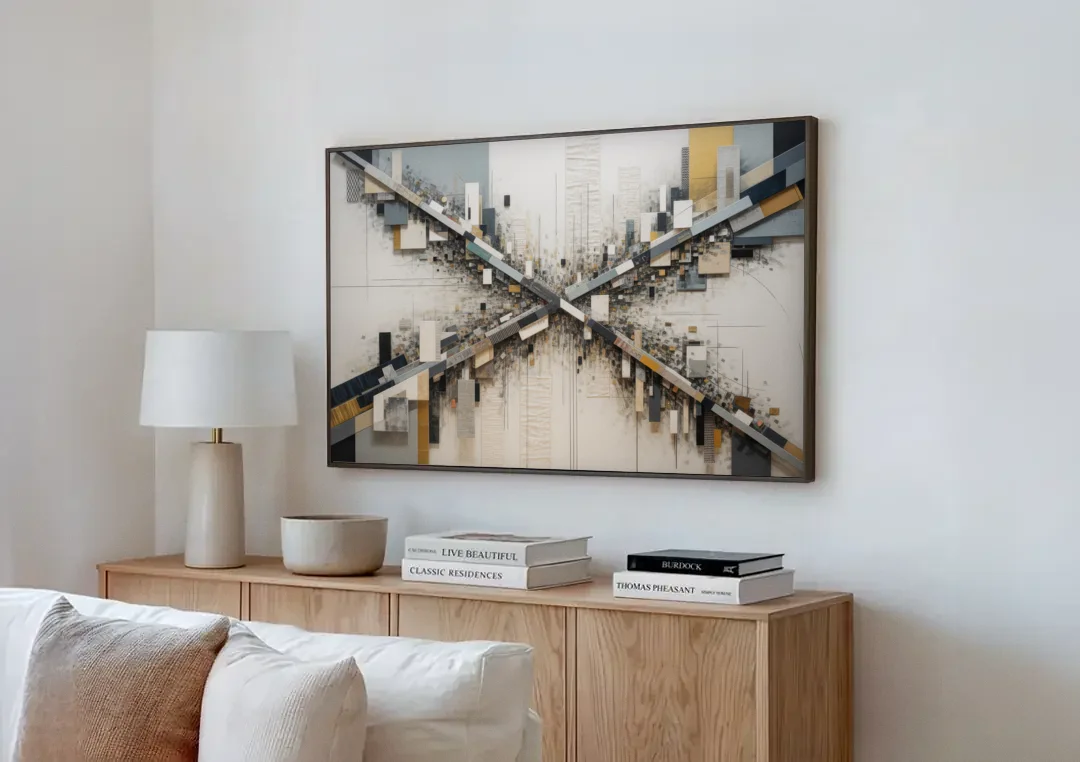 Geometric Urban Elegance White Abstract canvas wall art above a wooden sideboard next to a sofa