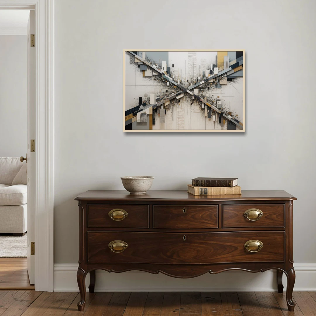 Geometric Urban Elegance White Abstract - Oak Framed Canvas Wall Art - Coffee Table - 36x24