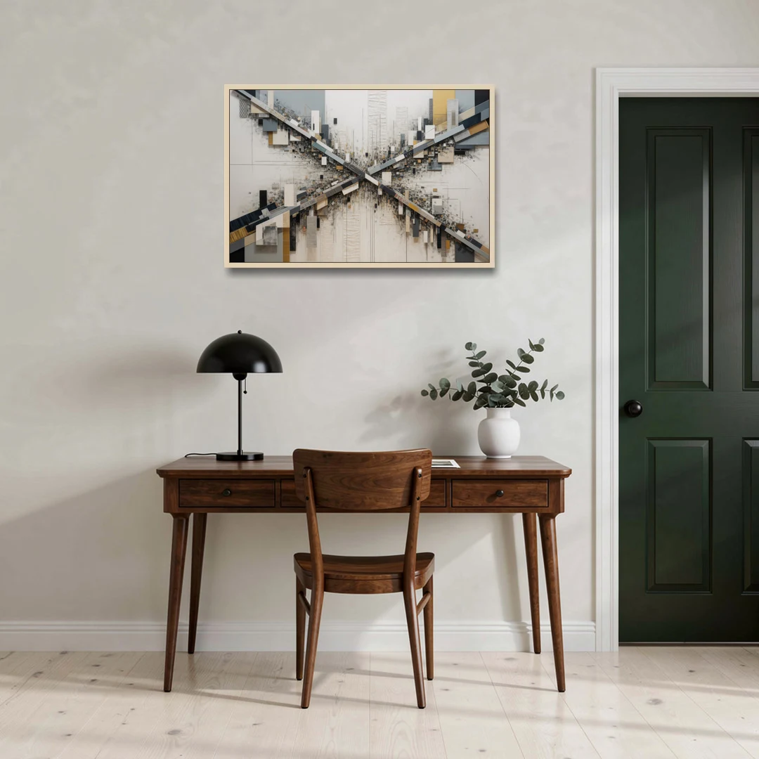 Geometric Urban Elegance White Abstract - Oak Framed Canvas Wall Art - Office - 36x24