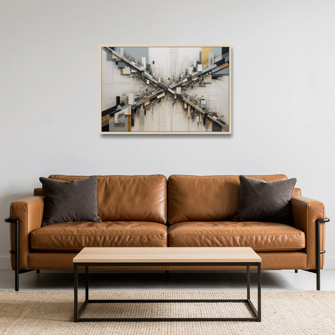 Geometric Urban Elegance White Abstract - Oak Framed Canvas Wall Art - Sofa - 36x24