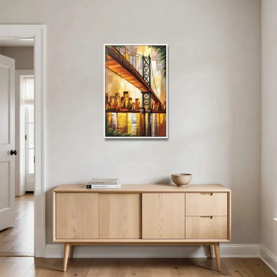 George Washington Bridge Scenic - White Framed Canvas Wall Art - Coffee Table - 24x36