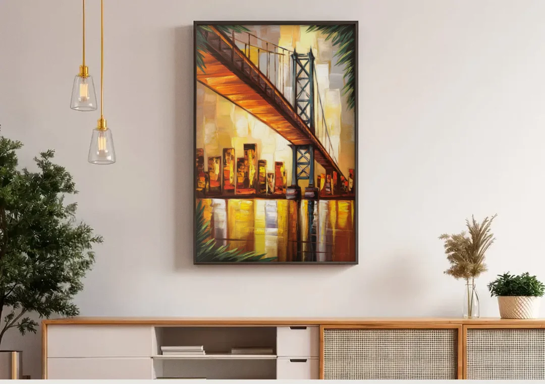 George Washington Bridge Scenic canvas wall art above a wooden sideboard under pendant lights