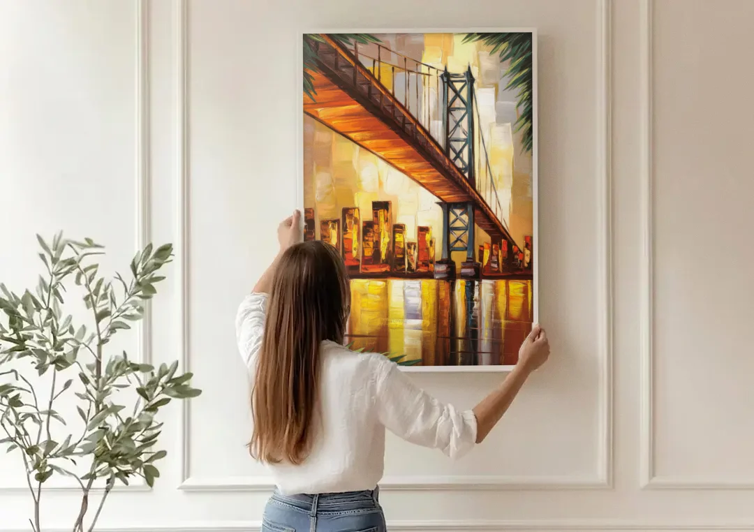 George Washington Bridge Scenic canvas wall art being hung on a paneled wall