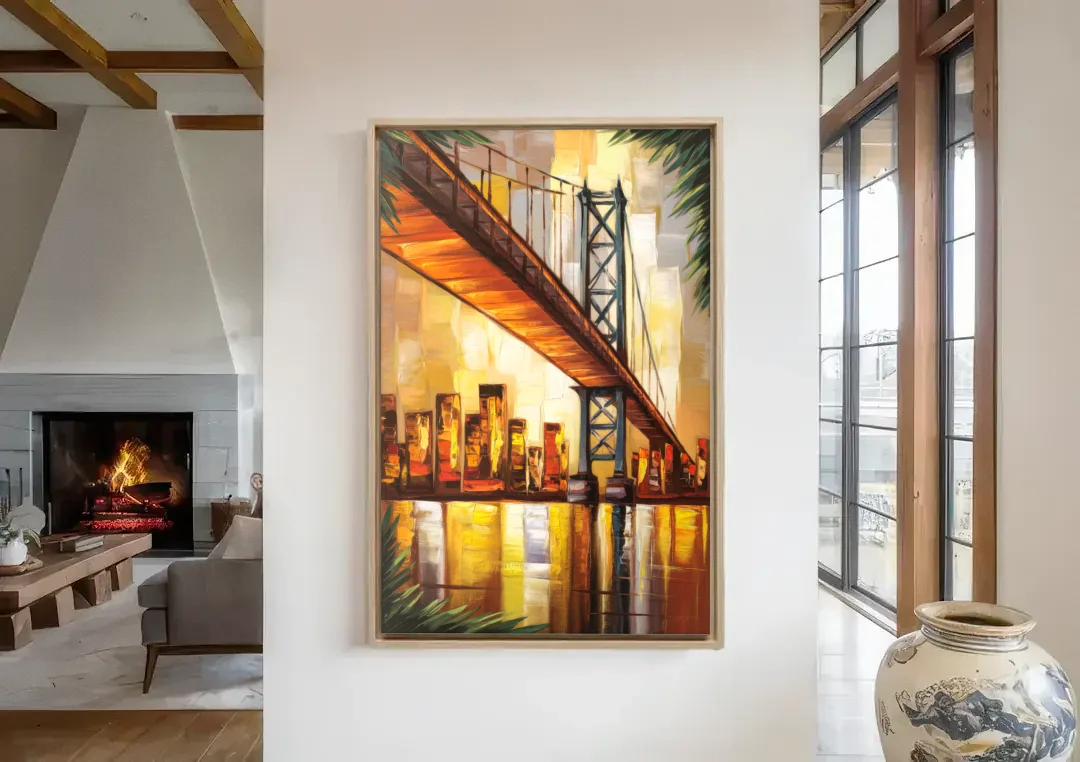 George Washington Bridge Scenic canvas wall art in a living room with a fireplace