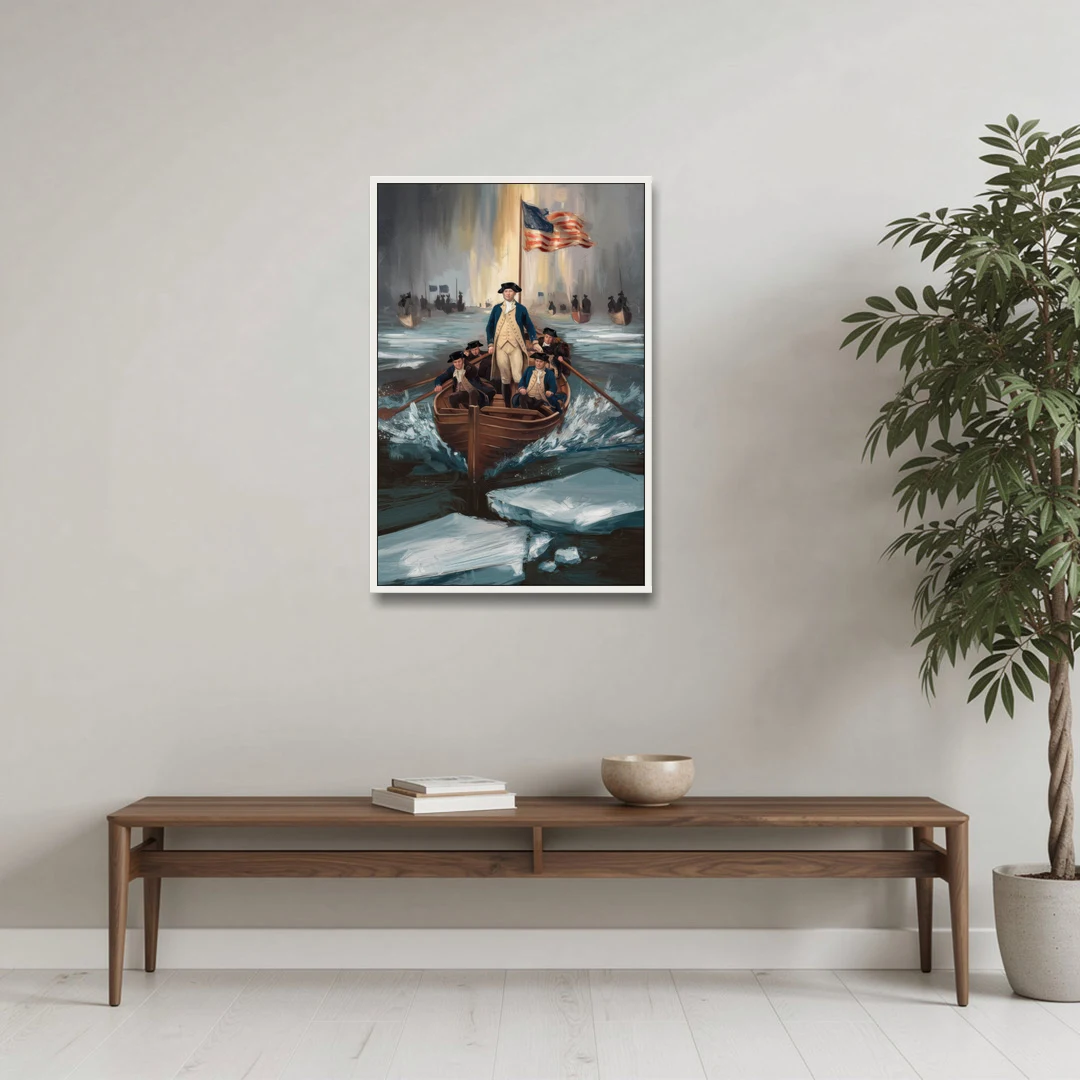 George Washington Crossing Delaware - White Framed Canvas Wall Art - Coffee Table - 24x36