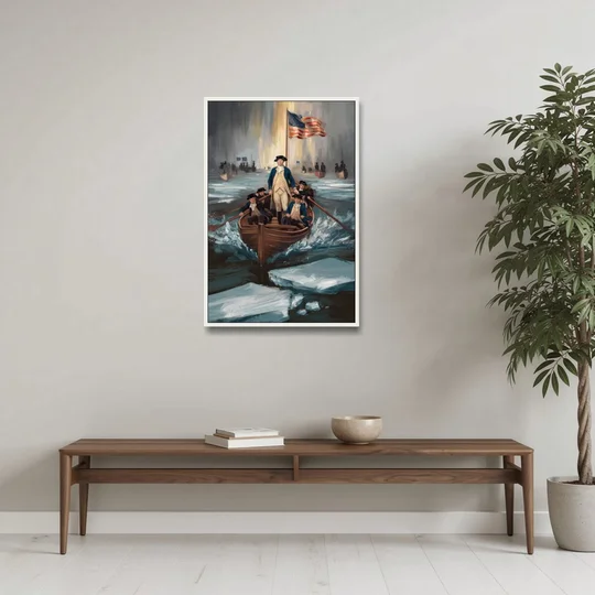 George Washington Crossing Delaware - White Framed Canvas Wall Art - Coffee Table - 24x36