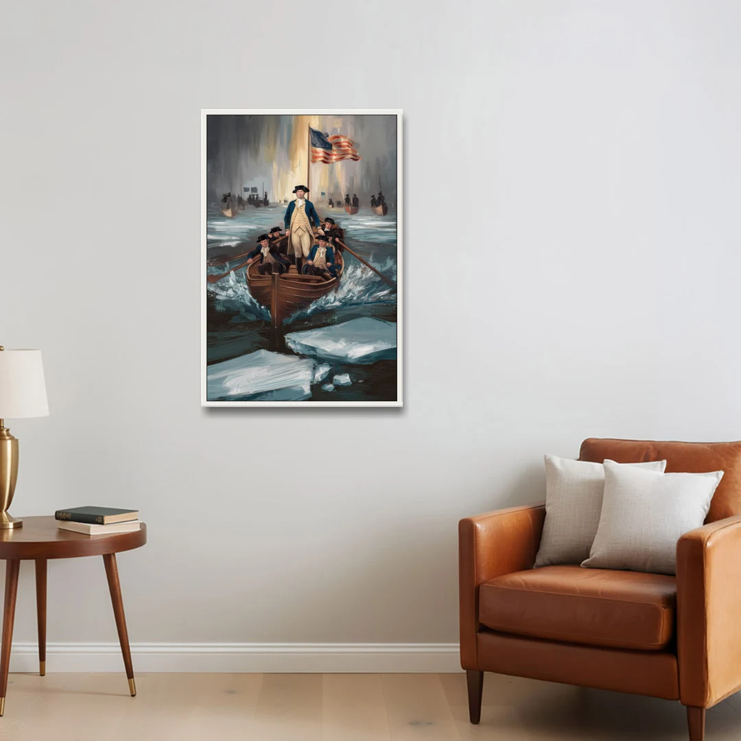 George Washington Crossing Delaware - White Framed Canvas Wall Art - Sofa - 24x36