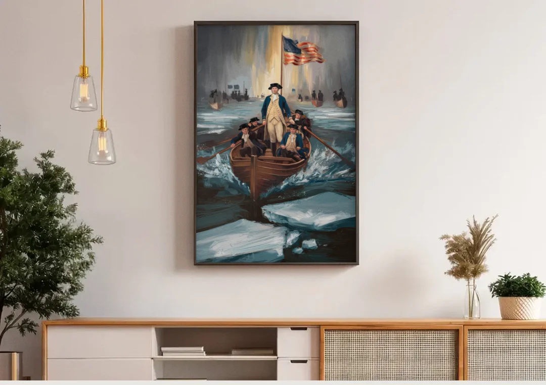 George Washington Crossing Delaware canvas wall art above a wooden sideboard under pendant lights