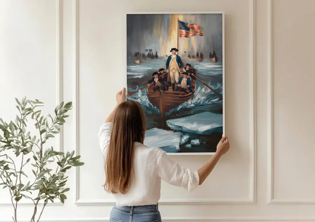 George Washington Crossing Delaware canvas wall art being hung on a paneled wall