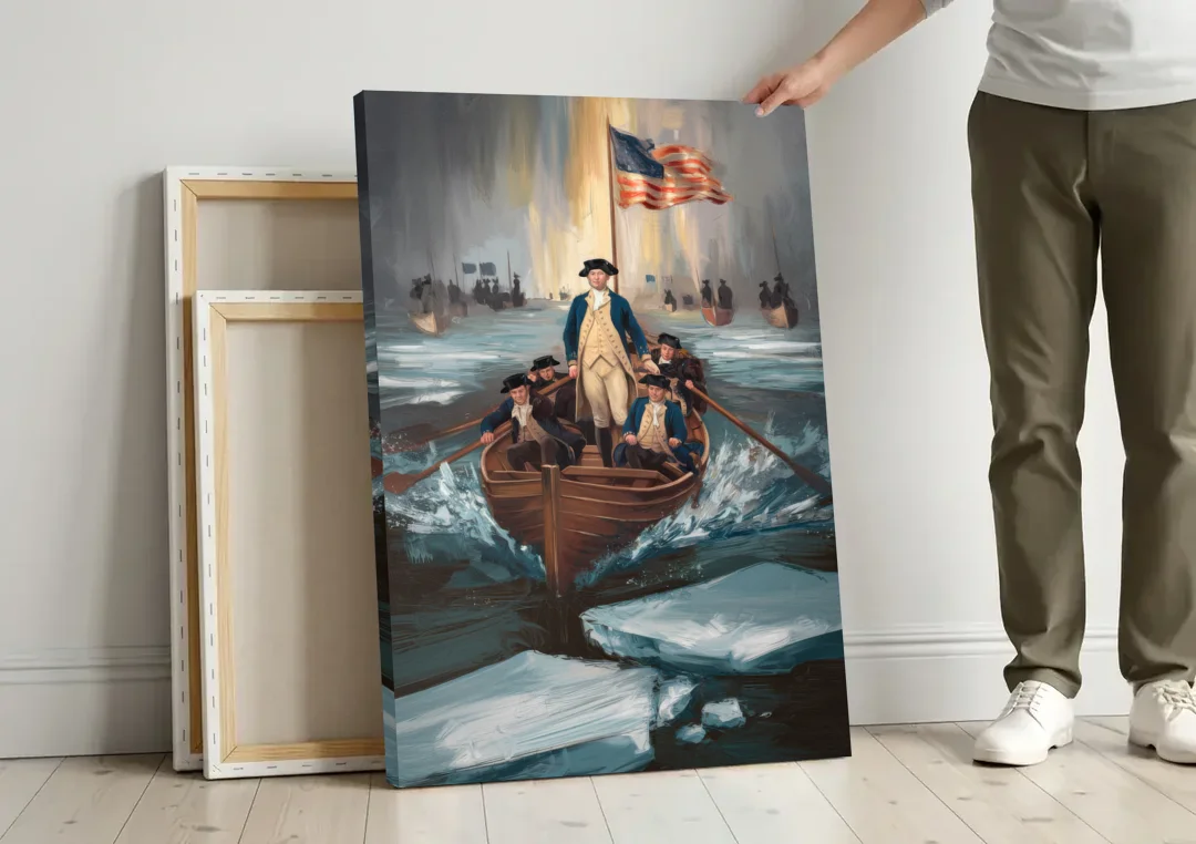 George Washington Crossing Delaware canvas wall art leaning against a wall next to blank canvases