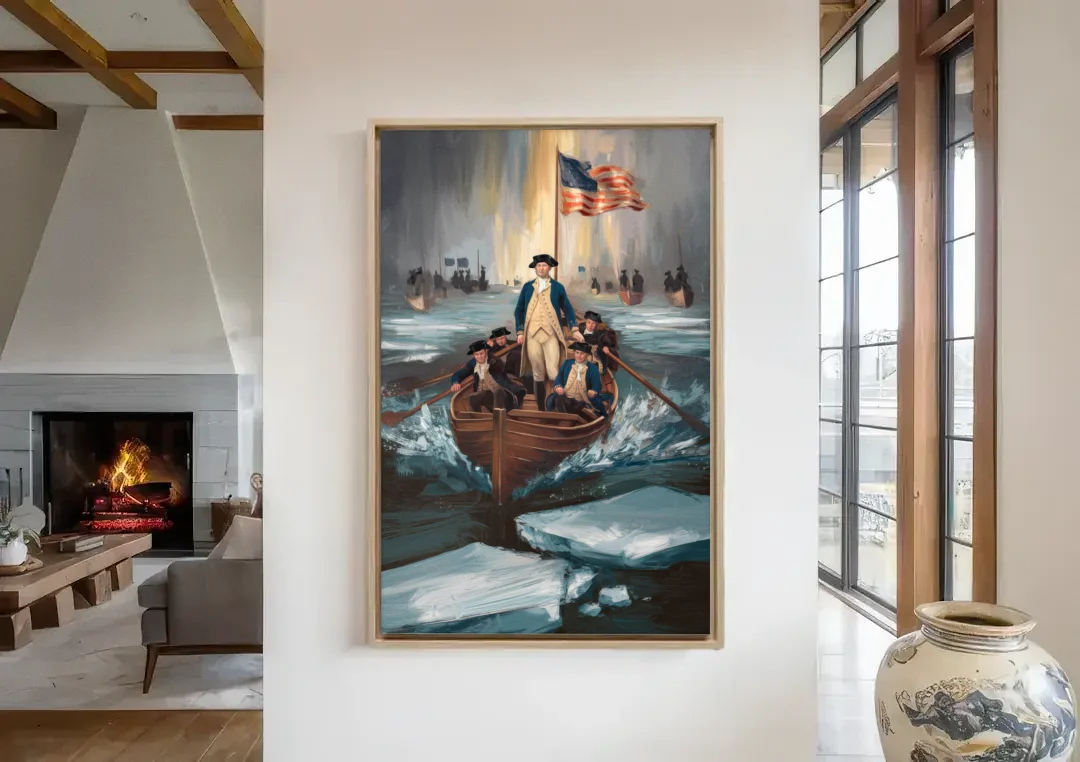 George Washington Crossing Delaware canvas wall art in a living room with a fireplace