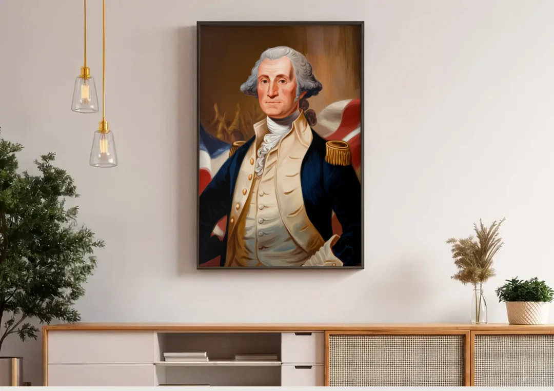 George Washington Legacy canvas wall art above a wooden sideboard under pendant lights