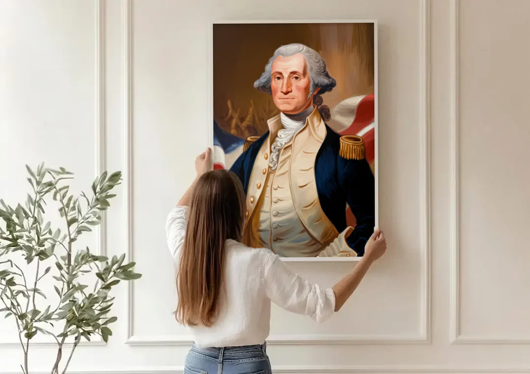 George Washington Legacy canvas wall art being hung on a paneled wall