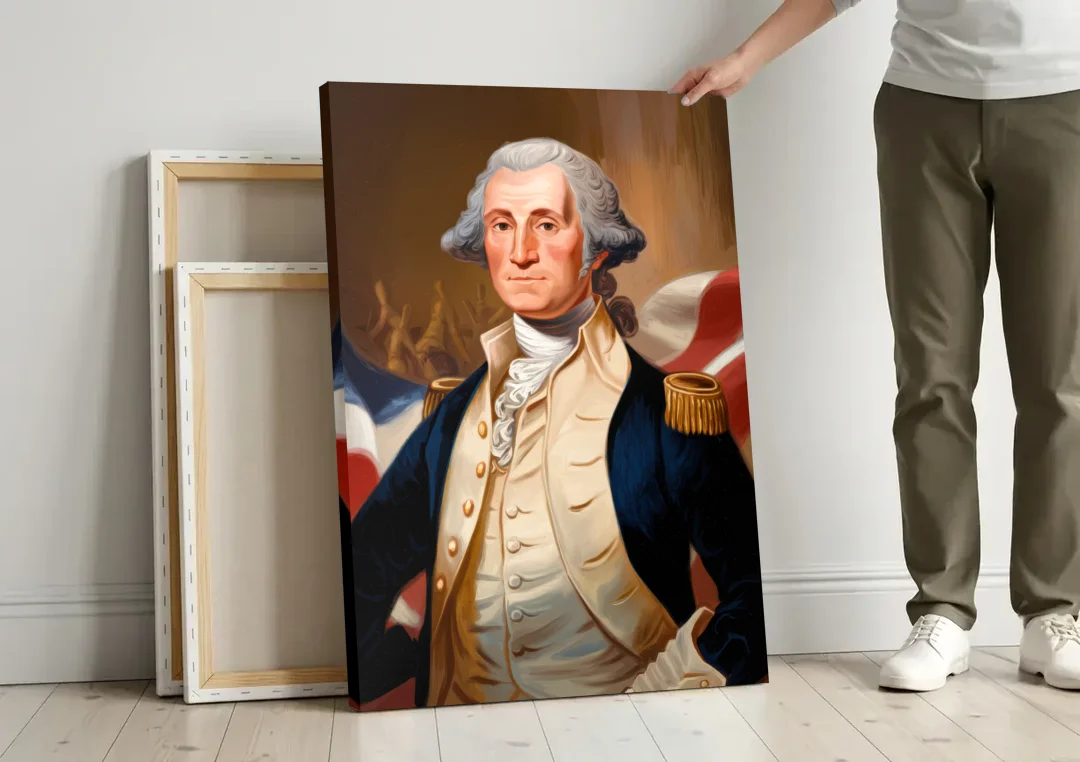 George Washington Legacy canvas wall art leaning against a wall next to blank canvases