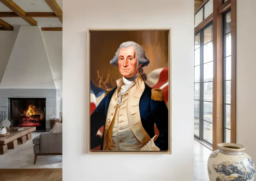 George Washington Legacy canvas wall art in a living room with a fireplace