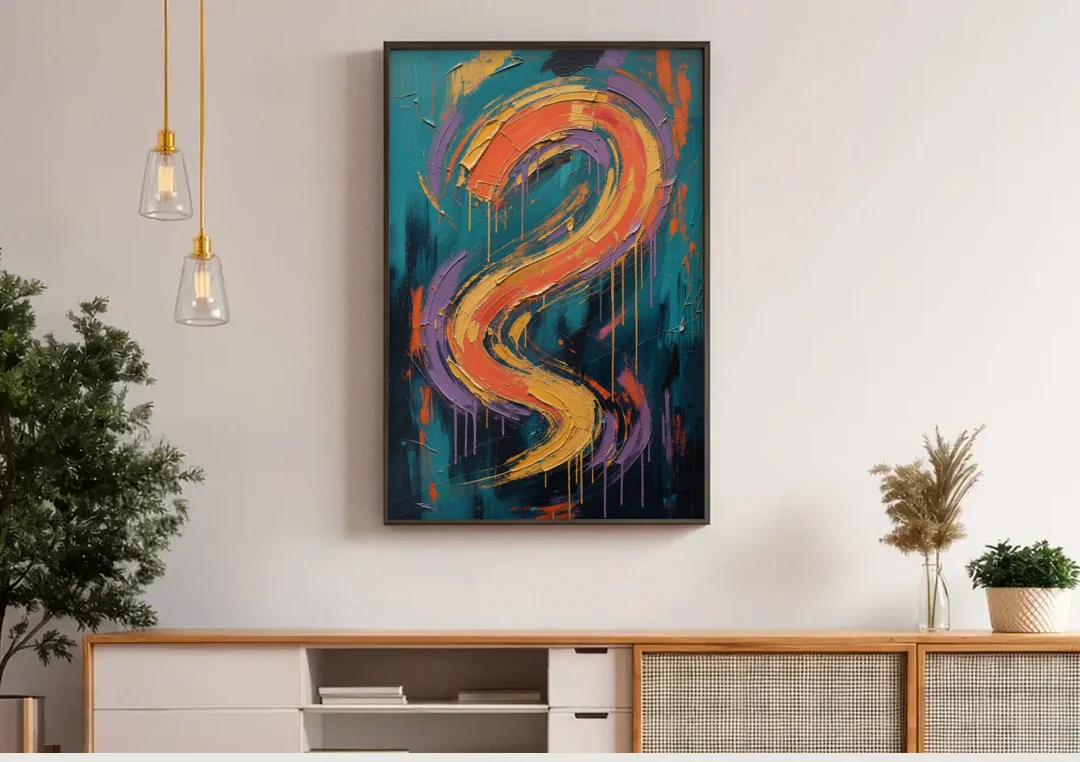 Gestural Abstract Painting Sunset Serpentine canvas wall art above a wooden sideboard under pendant lights
