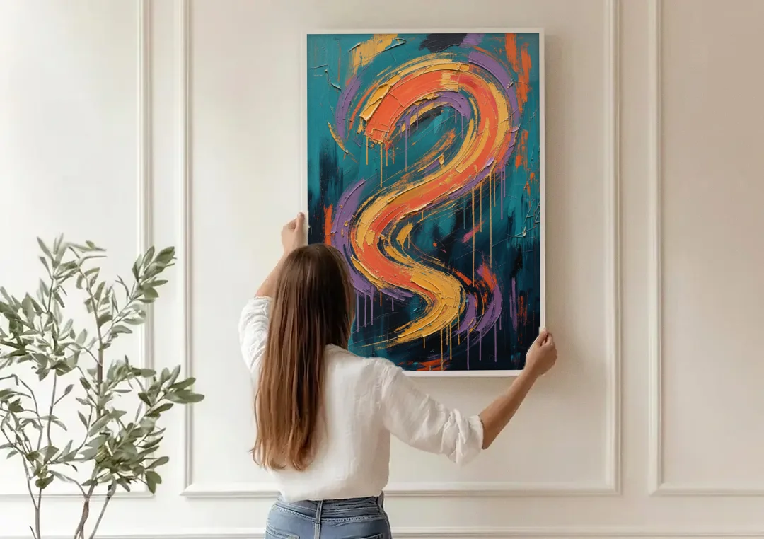 Gestural Abstract Painting Sunset Serpentine canvas wall art being hung on a paneled wall