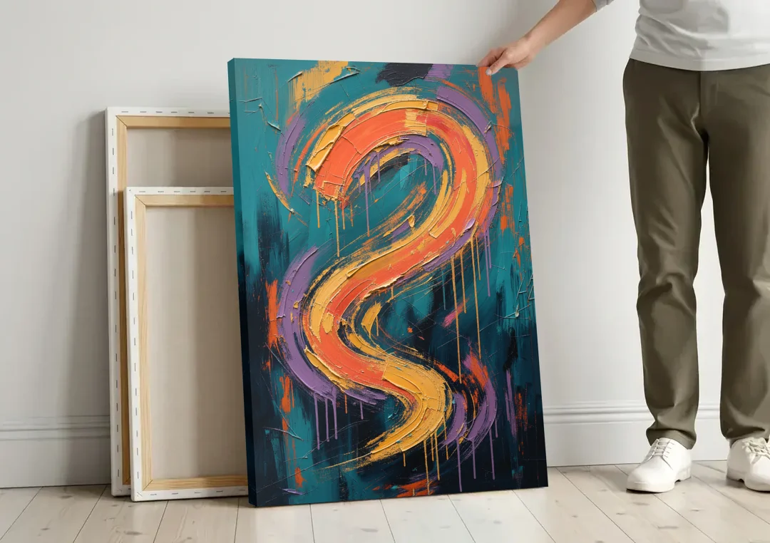 Gestural Abstract Painting Sunset Serpentine canvas wall art leaning against a wall next to blank canvases
