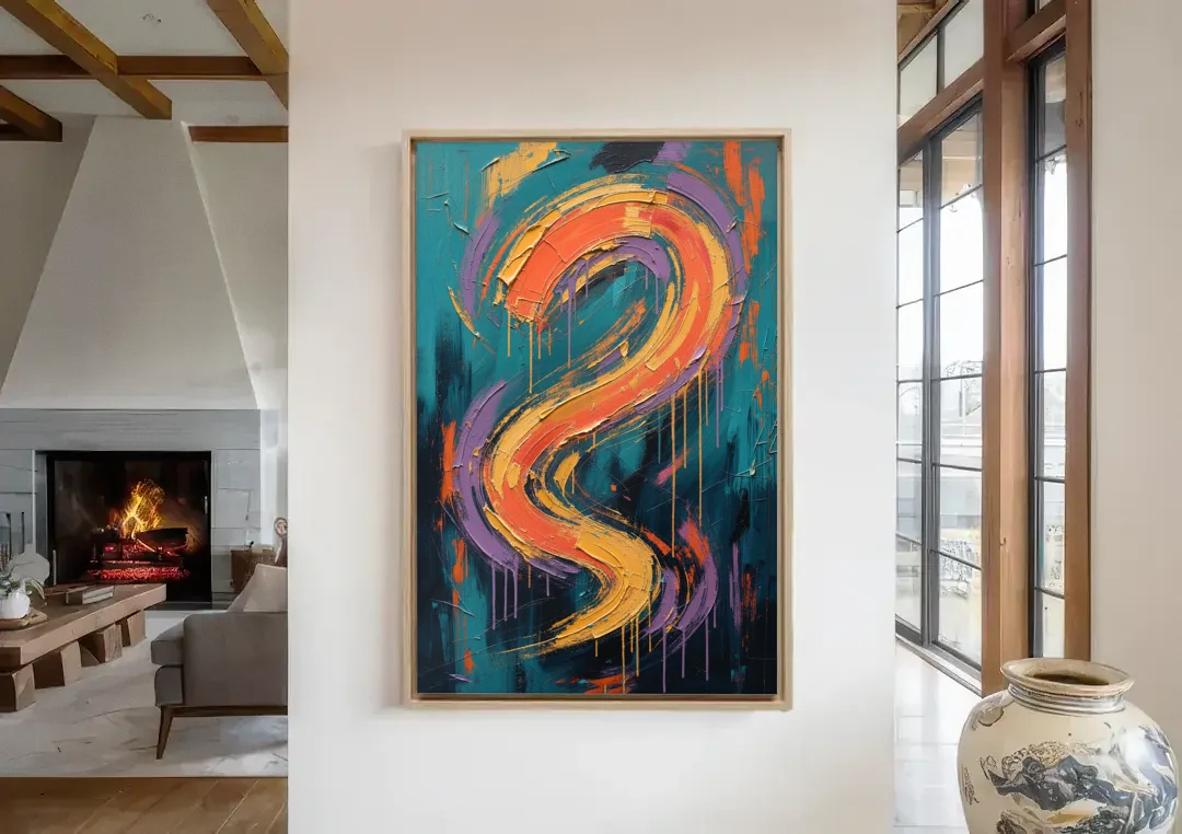 Gestural Abstract Painting Sunset Serpentine canvas wall art in a living room with a fireplace
