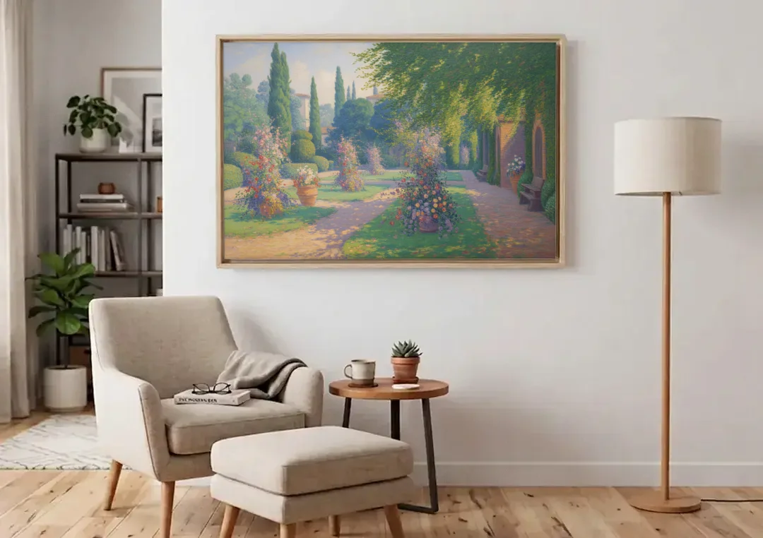 Giardino Giusti Serenity canvas wall art above an armchair in a bright living room