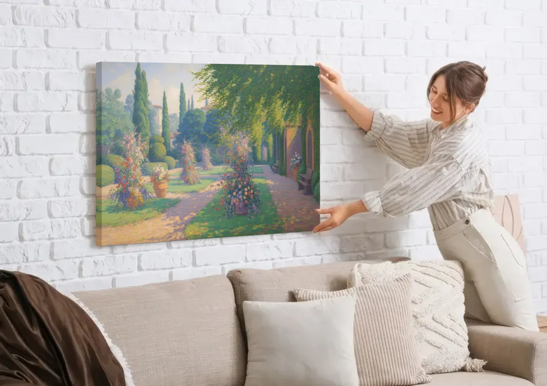 Giardino Giusti Serenity canvas wall art being hung on a white brick wall above a sofa