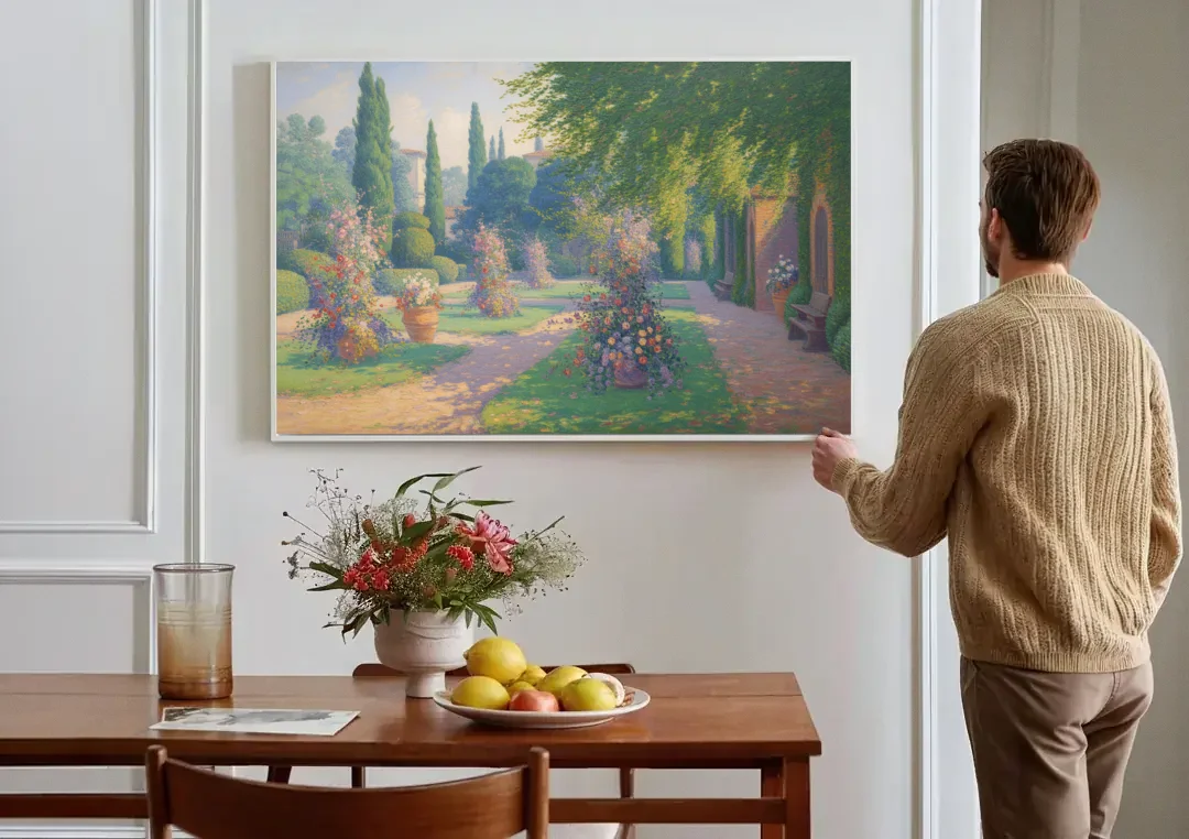 Giardino Giusti Serenity canvas wall art above a dining table