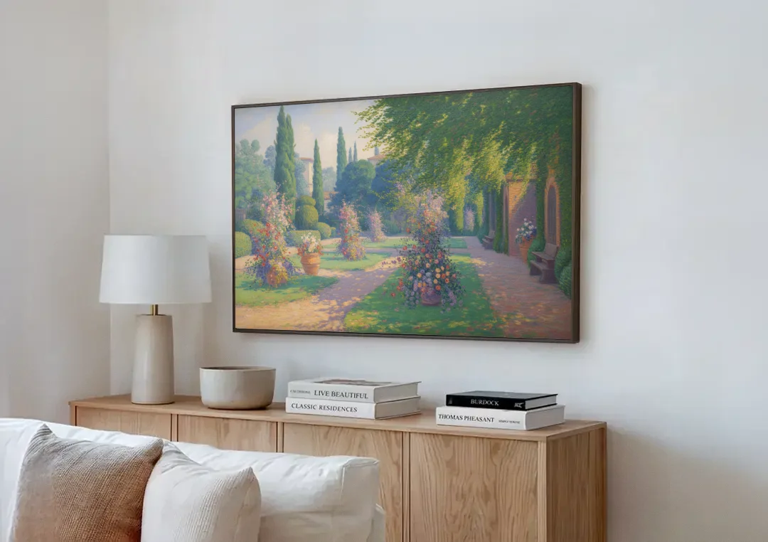 Giardino Giusti Serenity canvas wall art above a wooden sideboard next to a sofa