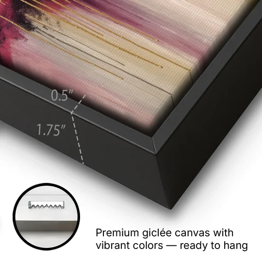 Gilded Clouds With Raspberry Rain Drips - Black Framed Canvas Wall Art - Gallery Wrap Corner