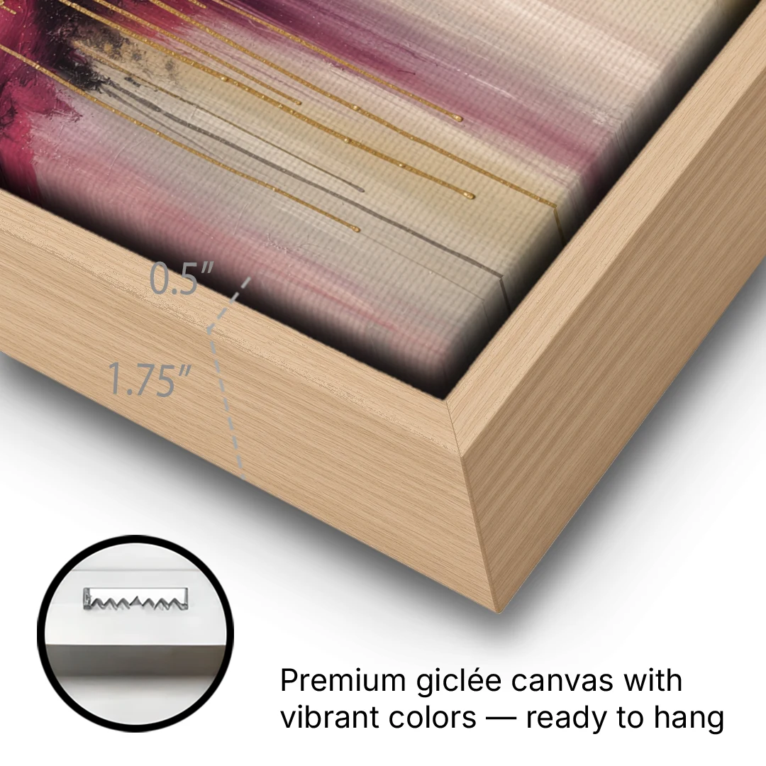 Gilded Clouds With Raspberry Rain Drips - Oak Framed Canvas Wall Art - Gallery Wrap Corner