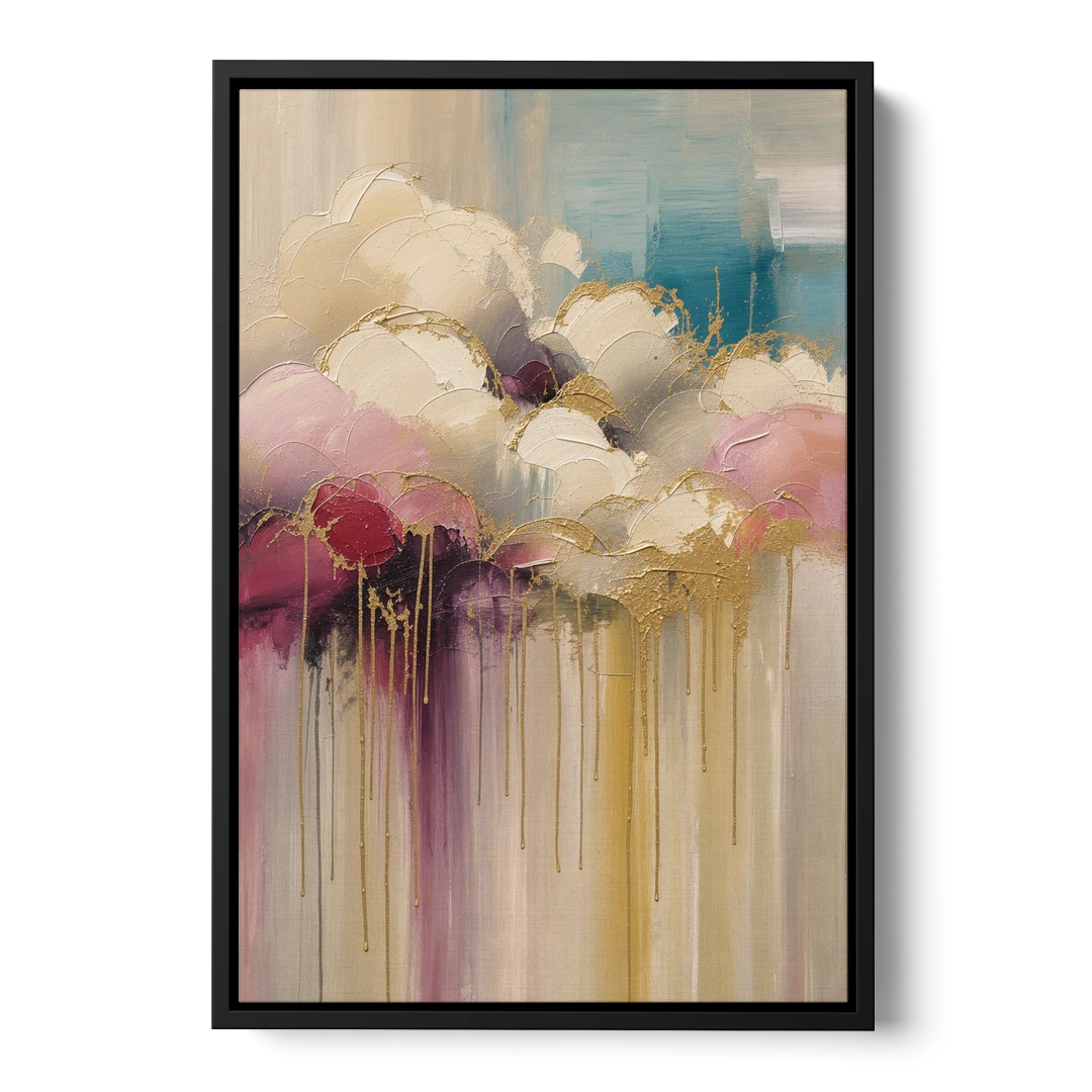 Gilded Clouds With Raspberry Rain Drips - Black Framed Canvas Wall Art - Front