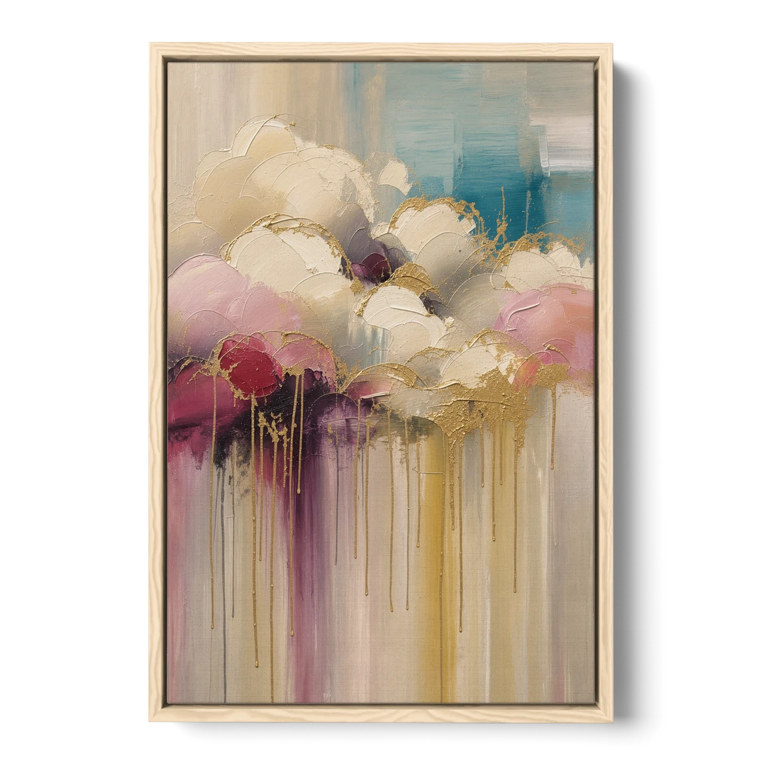 Gilded Clouds With Raspberry Rain Drips - Oak Framed Canvas Wall Art - Front