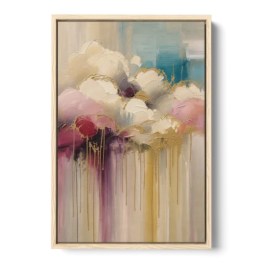 Gilded Clouds With Raspberry Rain Drips - Oak Framed Canvas Wall Art - Front