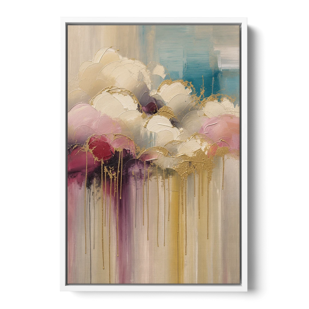 Gilded Clouds With Raspberry Rain Drips - White Framed Canvas Wall Art - Front