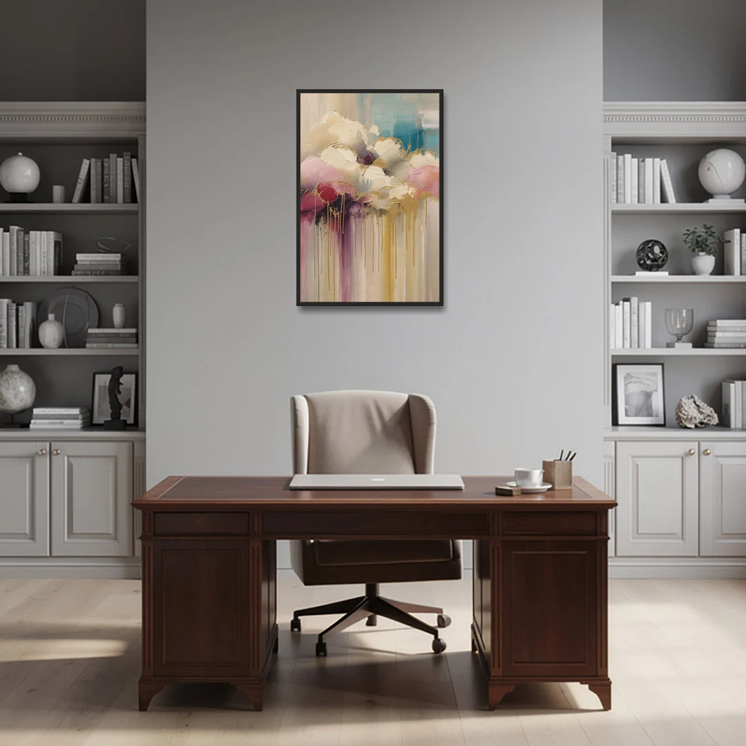 Gilded Clouds With Raspberry Rain Drips - Black Framed Canvas Wall Art - Office - 24x36
