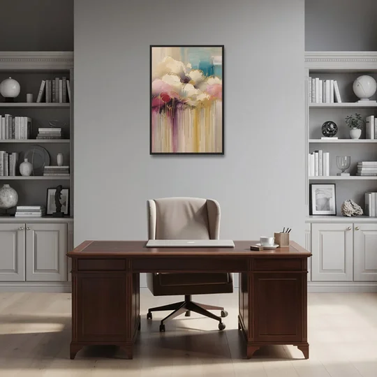 Gilded Clouds With Raspberry Rain Drips - Black Framed Canvas Wall Art - Office - 24x36