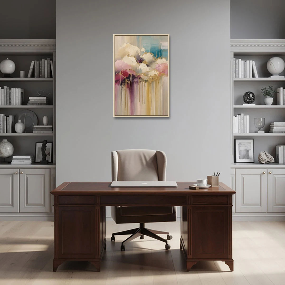 Gilded Clouds With Raspberry Rain Drips - Oak Framed Canvas Wall Art - Office - 24x36
