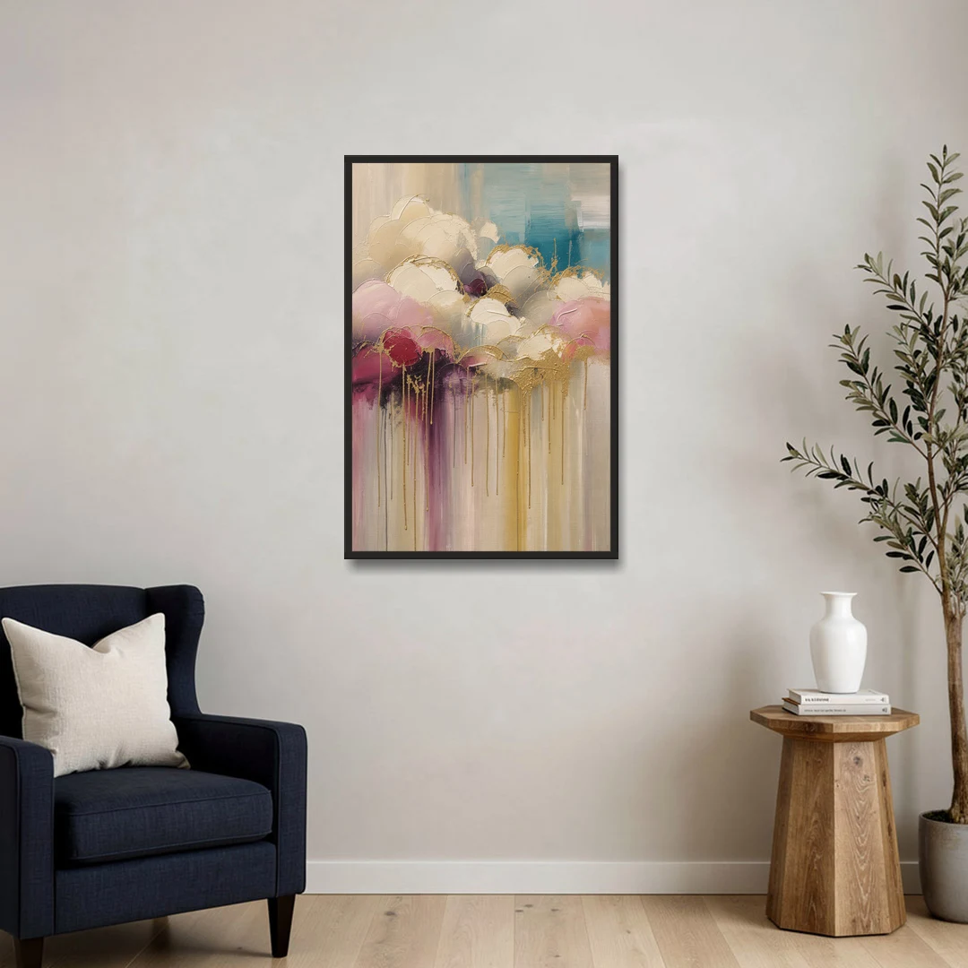 Gilded Clouds With Raspberry Rain Drips - Black Framed Canvas Wall Art - Sofa - 24x36