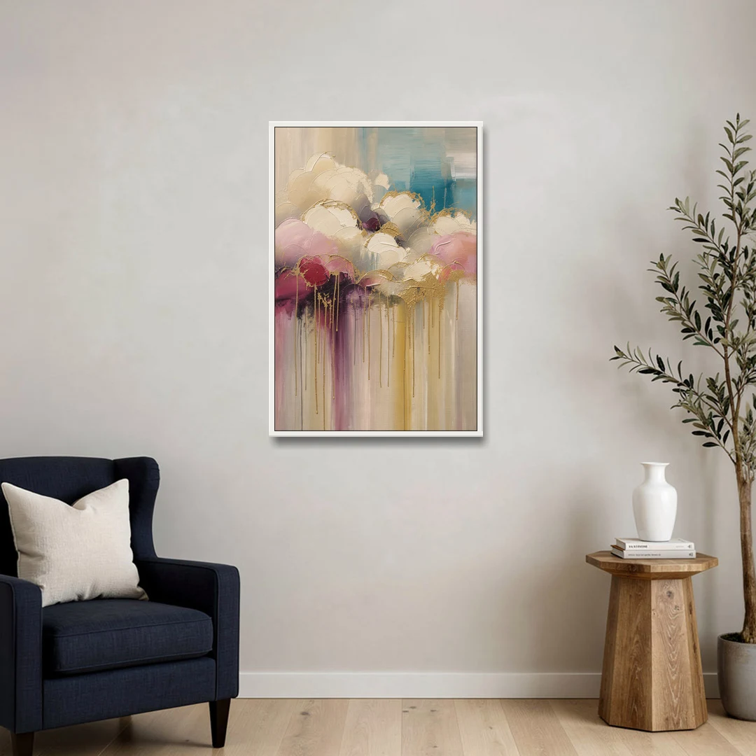 Gilded Clouds With Raspberry Rain Drips - White Framed Canvas Wall Art - Sofa - 24x36