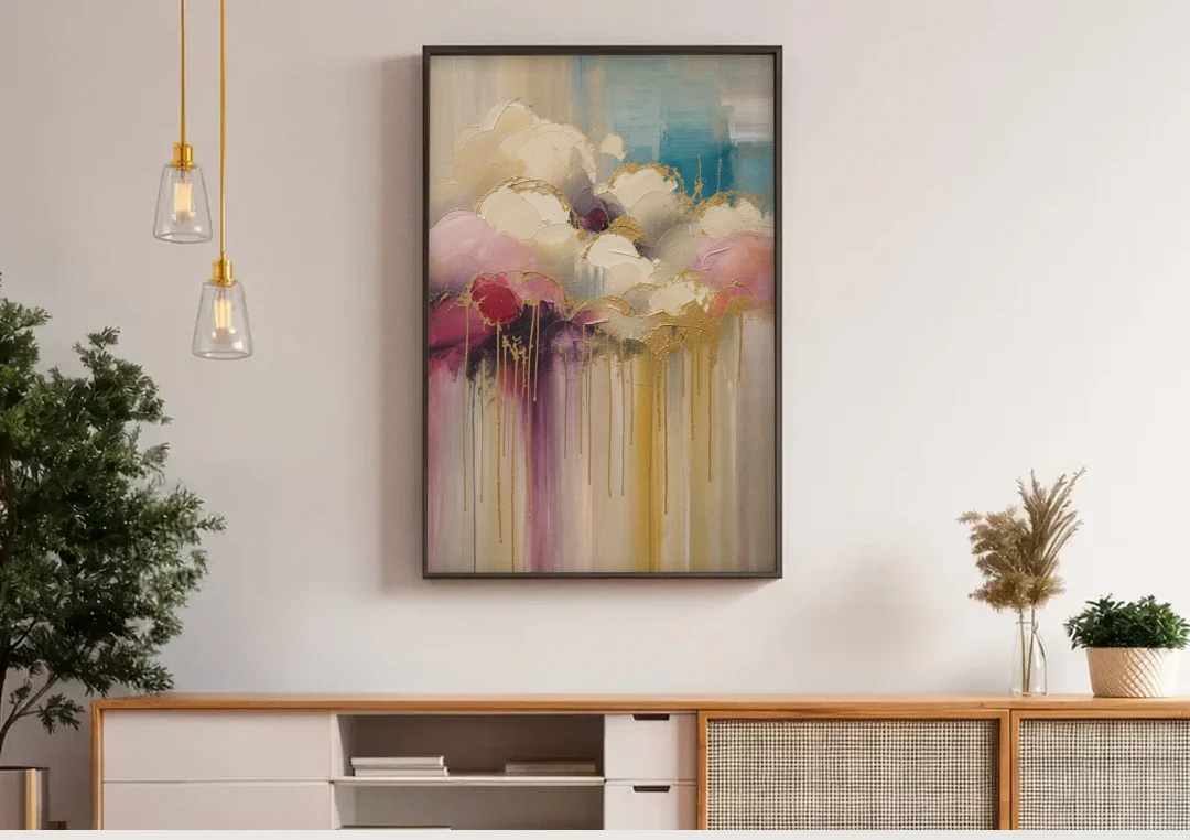 Gilded Clouds With Raspberry Rain Drips canvas wall art above a wooden sideboard under pendant lights
