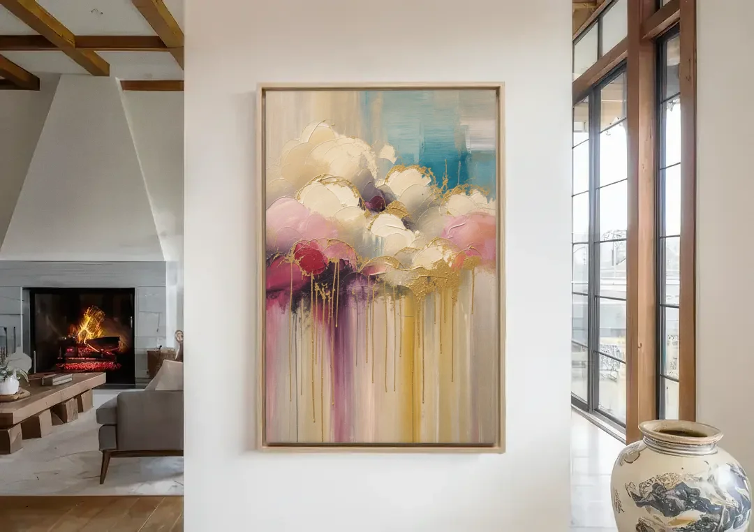 Gilded Clouds With Raspberry Rain Drips canvas wall art in a living room with a fireplace