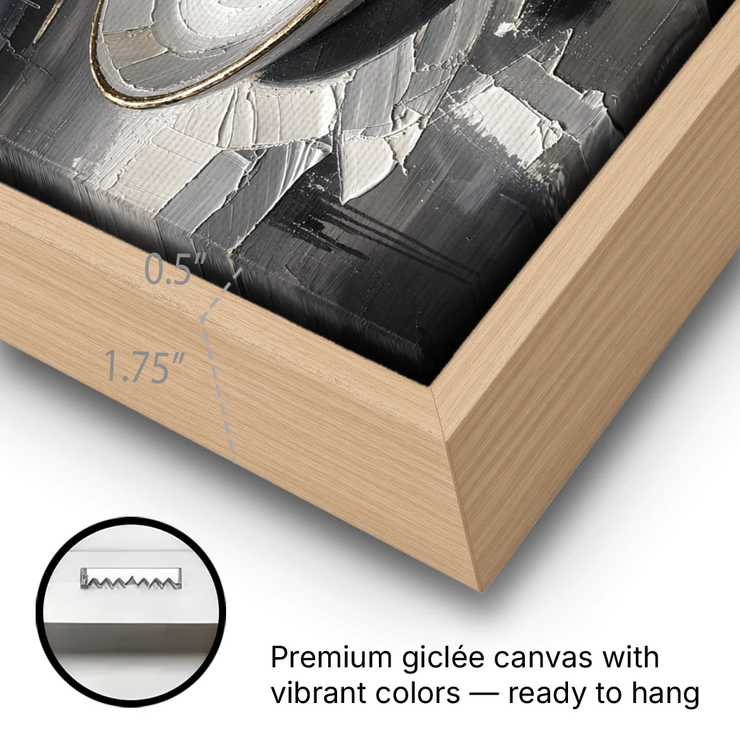 Black and White Gilded Espresso Cup for the Kitchen - Oak Framed Canvas Wall Art - Gallery Wrap Corner