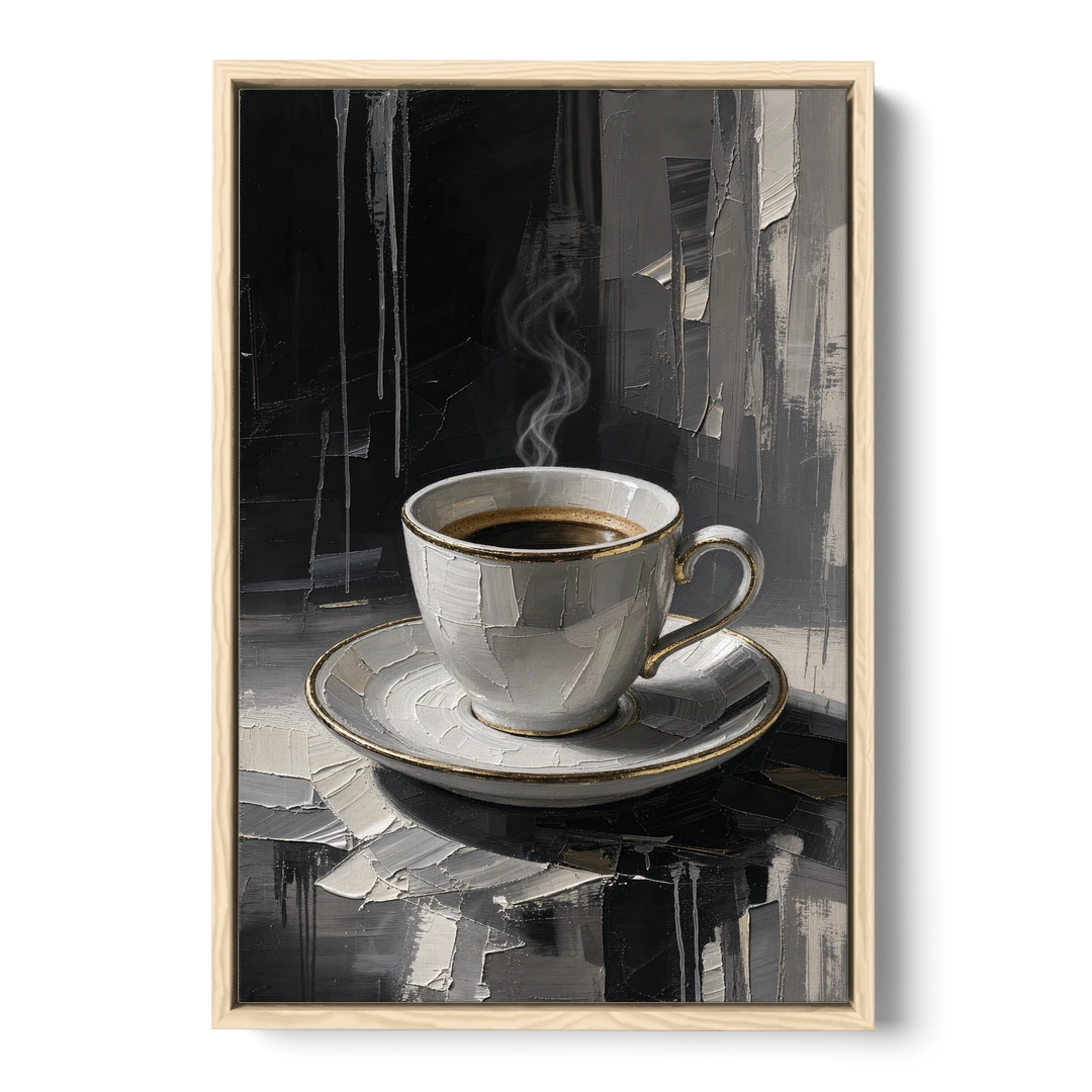 Black and White Gilded Espresso Cup for the Kitchen - Oak Framed Canvas Wall Art - Front