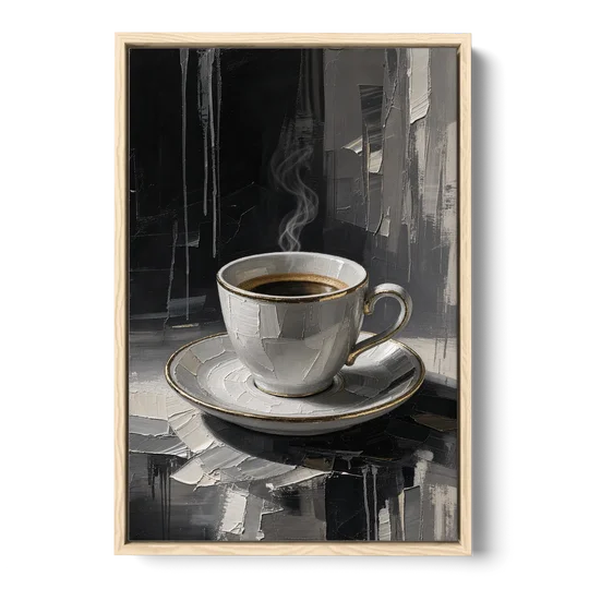 Black and White Gilded Espresso Cup for the Kitchen - Oak Framed Canvas Wall Art - Front