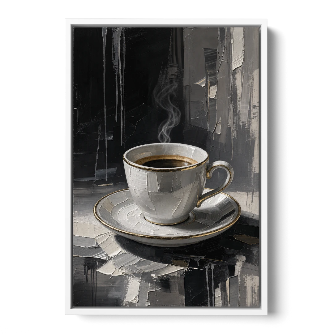 Black and White Gilded Espresso Cup for the Kitchen - White Framed Canvas Wall Art - Front
